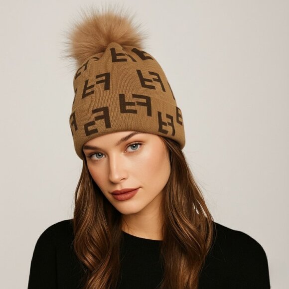 Knit Beanie Tuque with Faux Fur Pom – Brown & Tan Double F Pattern Hat - Picture 3 of 16